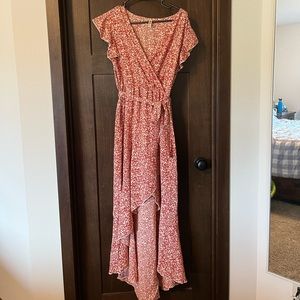 Red floral wrap dress